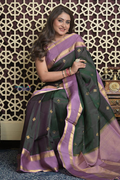Shubh Lakshmi 2.0 ~ Handloom High Quality Pure Soft Silk Saree in Dark Green and Lilac (Silk Mark Certified) - verymuchindian.com