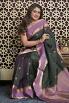 Shubh Lakshmi 2.0 ~ Handloom High Quality Pure Soft Silk Saree in Dark Green and Lilac (Silk Mark Certified) - verymuchindian.com