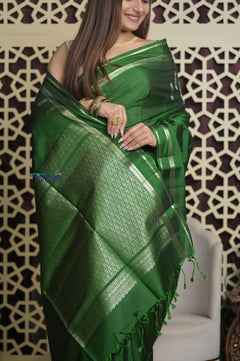 Shubh Lakshmi 2.0 ~ Handloom High Quality Pure Soft Silk Saree in Dark Green (Silk Mark Certified) - verymuchindian.com