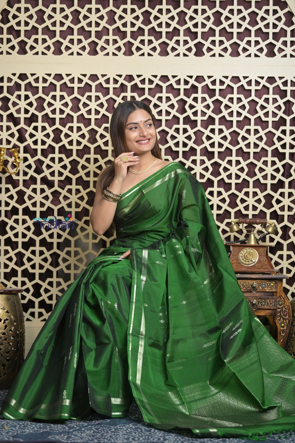 Shubh Lakshmi 2.0 ~ Handloom High Quality Pure Soft Silk Saree in Dark Green (Silk Mark Certified) - verymuchindian.com