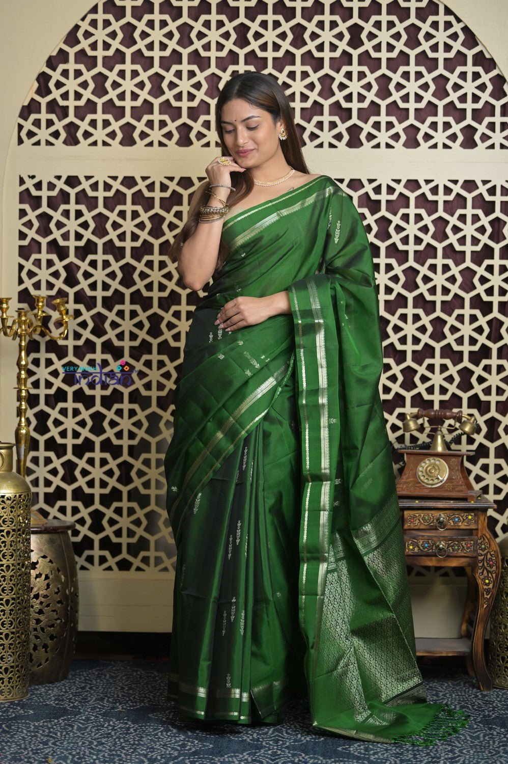 Shubh Lakshmi 2.0 ~ Handloom High Quality Pure Soft Silk Saree in Dark Green (Silk Mark Certified) - verymuchindian.com