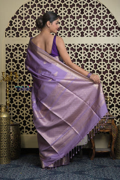 Shubh Lakshmi 2.0 ~ Handloom High Quality Pure Soft Silk Saree in Dark Lilac (Silk Mark Certified) - verymuchindian.com