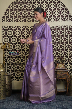 Shubh Lakshmi 2.0 ~ Handloom High Quality Pure Soft Silk Saree in Dark Lilac (Silk Mark Certified) - verymuchindian.com