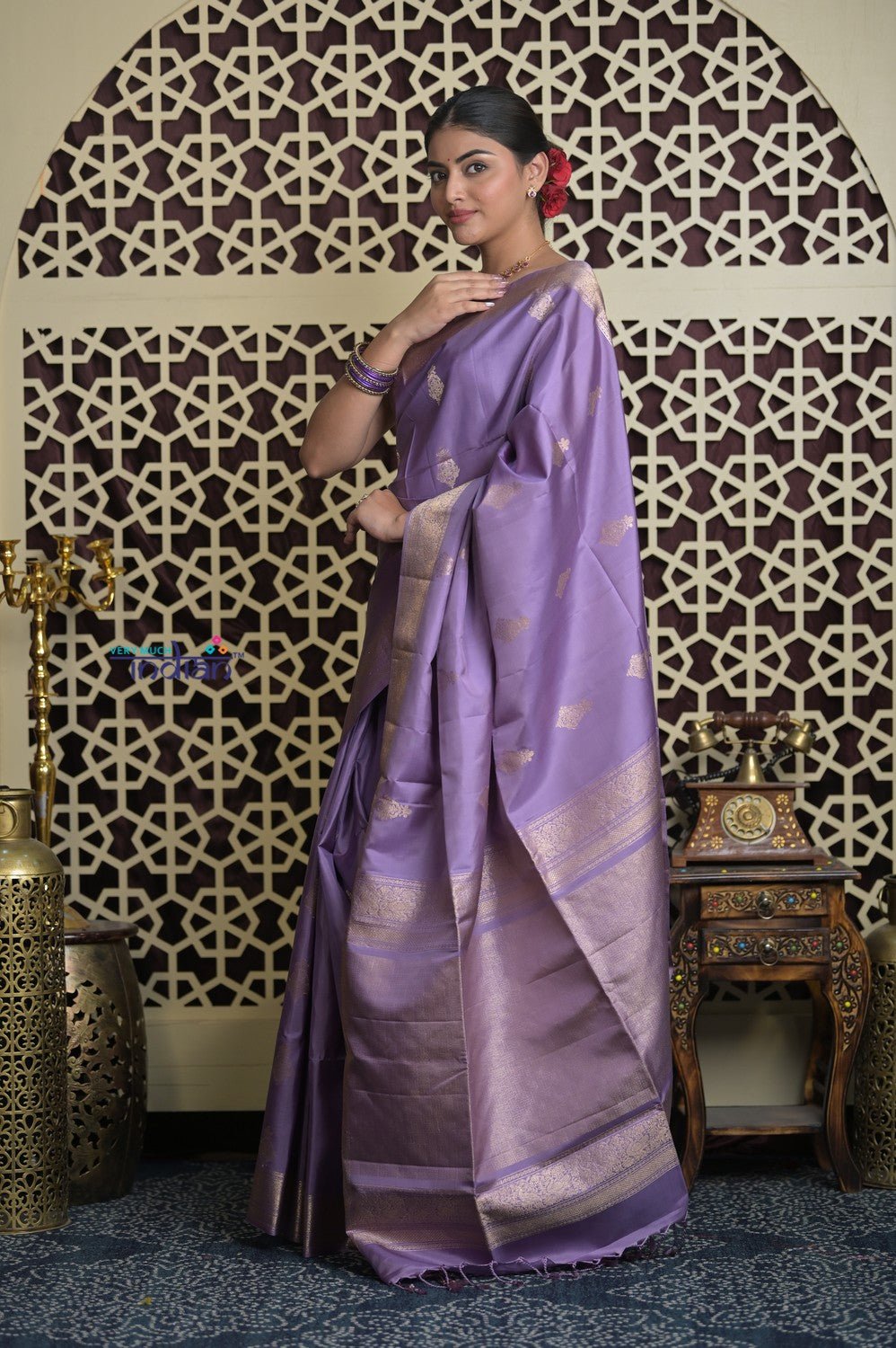 Shubh Lakshmi 2.0 ~ Handloom High Quality Pure Soft Silk Saree in Dark Lilac (Silk Mark Certified) - verymuchindian.com