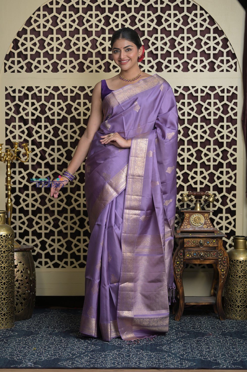 Shubh Lakshmi 2.0 ~ Handloom High Quality Pure Soft Silk Saree in Dark Lilac (Silk Mark Certified) - verymuchindian.com