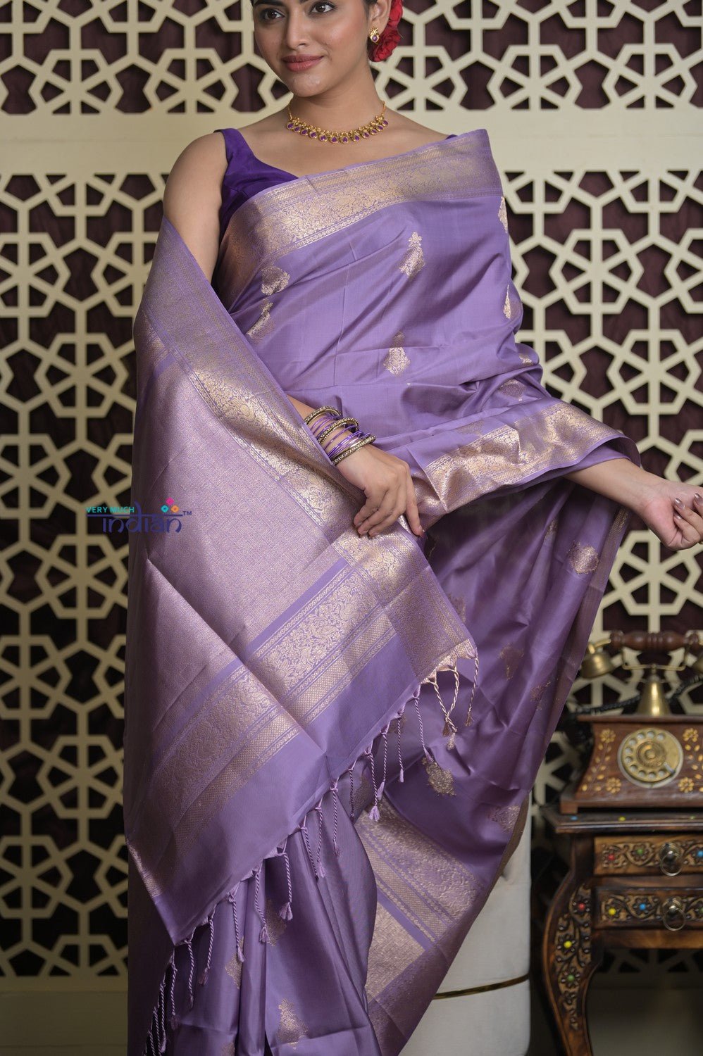 Shubh Lakshmi 2.0 ~ Handloom High Quality Pure Soft Silk Saree in Dark Lilac (Silk Mark Certified) - verymuchindian.com