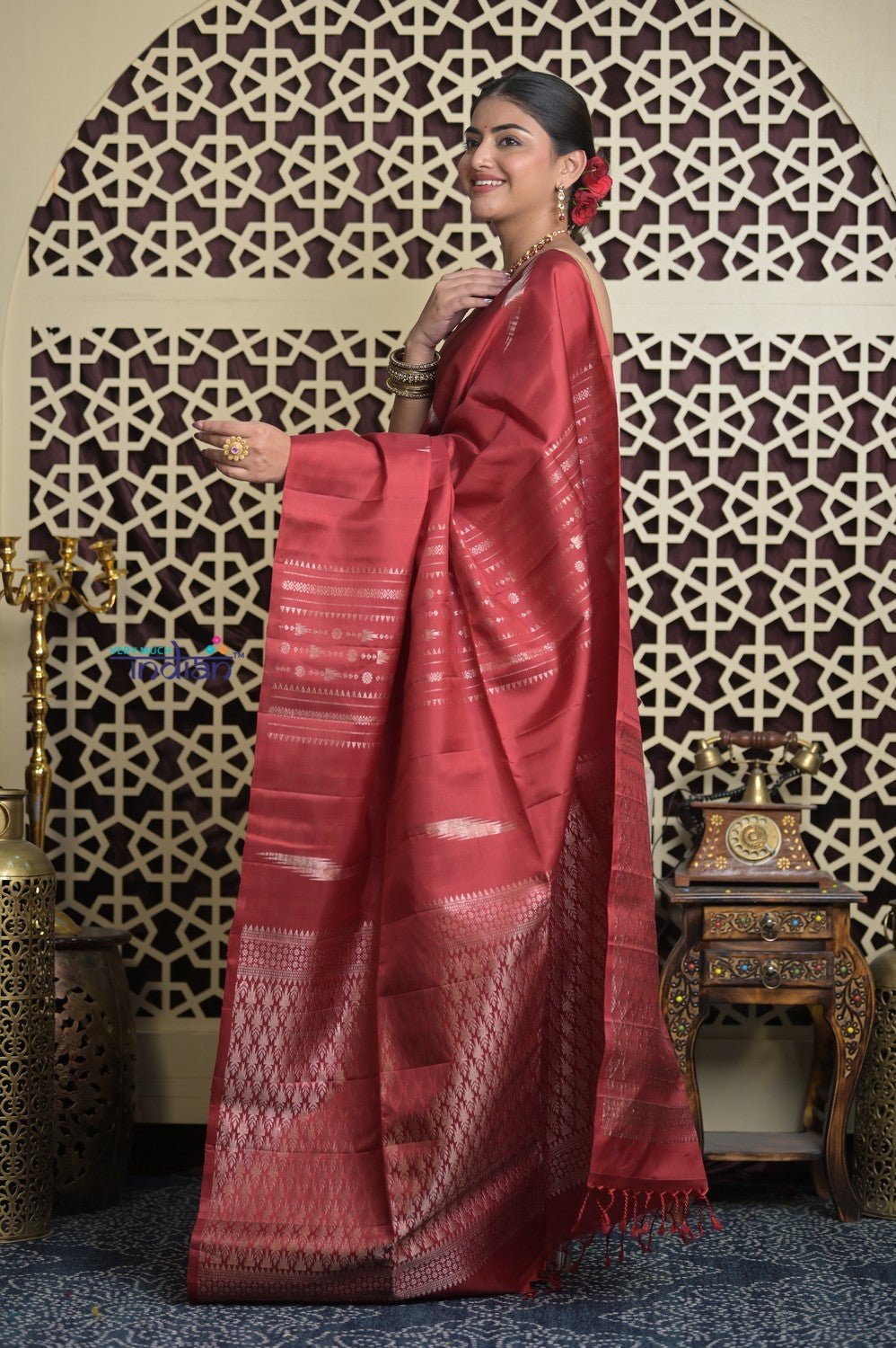 Shubh Lakshmi 2.0 ~ Handloom High Quality Pure Soft Silk Saree in Dark Maroon and Gold (Silk Mark Certified) - verymuchindian.com