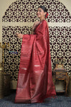 Shubh Lakshmi 2.0 ~ Handloom High Quality Pure Soft Silk Saree in Dark Maroon and Gold (Silk Mark Certified) - verymuchindian.com