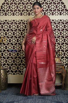 Shubh Lakshmi 2.0 ~ Handloom High Quality Pure Soft Silk Saree in Dark Maroon and Gold (Silk Mark Certified) - verymuchindian.com