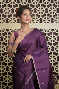 Shubh Lakshmi 2.0 ~ Handloom High Quality Pure Soft Silk Saree in Dark Purple and Gold (Silk Mark Certified) - verymuchindian.com