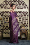 Shubh Lakshmi 2.0 ~ Handloom High Quality Pure Soft Silk Saree in Dark Purple and Gold (Silk Mark Certified) - verymuchindian.com