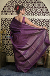 Shubh Lakshmi 2.0 ~ Handloom High Quality Pure Soft Silk Saree in Dark Purple and Gold (Silk Mark Certified) - verymuchindian.com