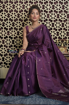 Shubh Lakshmi 2.0 ~ Handloom High Quality Pure Soft Silk Saree in Dark Purple and Gold (Silk Mark Certified) - verymuchindian.com