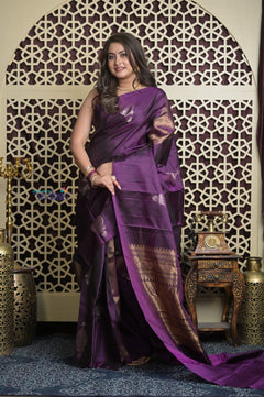 Shubh Lakshmi 2.0 ~ Handloom High Quality Pure Soft Silk Saree in Dark Purple (Silk Mark Certified) - verymuchindian.com