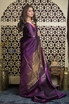 Shubh Lakshmi 2.0 ~ Handloom High Quality Pure Soft Silk Saree in Dark Purple (Silk Mark Certified) - verymuchindian.com