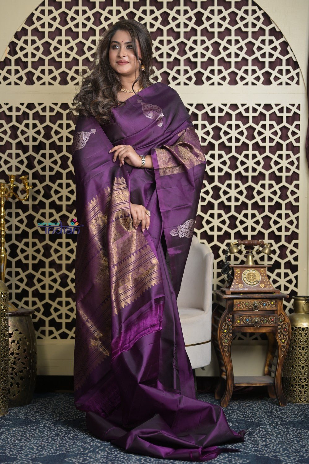Shubh Lakshmi 2.0 ~ Handloom High Quality Pure Soft Silk Saree in Dark Purple (Silk Mark Certified) - verymuchindian.com