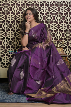 Shubh Lakshmi 2.0 ~ Handloom High Quality Pure Soft Silk Saree in Dark Purple (Silk Mark Certified) - verymuchindian.com