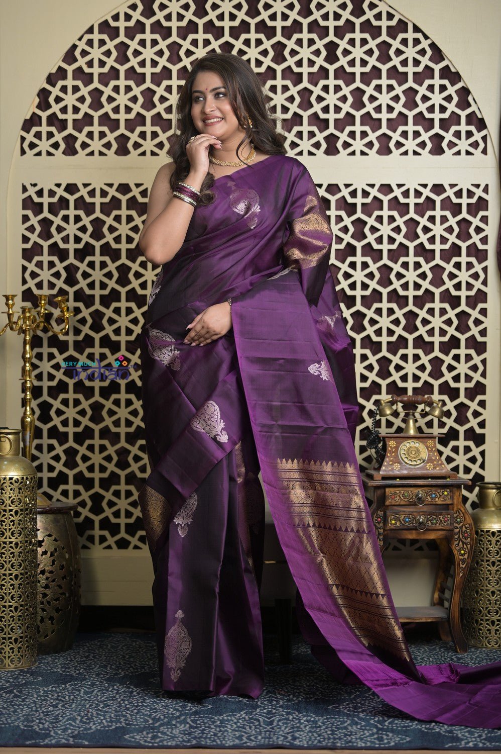 Shubh Lakshmi 2.0 ~ Handloom High Quality Pure Soft Silk Saree in Dark Purple (Silk Mark Certified) - verymuchindian.com
