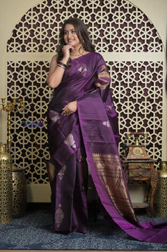 Shubh Lakshmi 2.0 ~ Handloom High Quality Pure Soft Silk Saree in Dark Purple (Silk Mark Certified) - verymuchindian.com