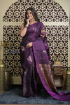 Shubh Lakshmi 2.0 ~ Handloom High Quality Pure Soft Silk Saree in Dark Purple (Silk Mark Certified) - verymuchindian.com