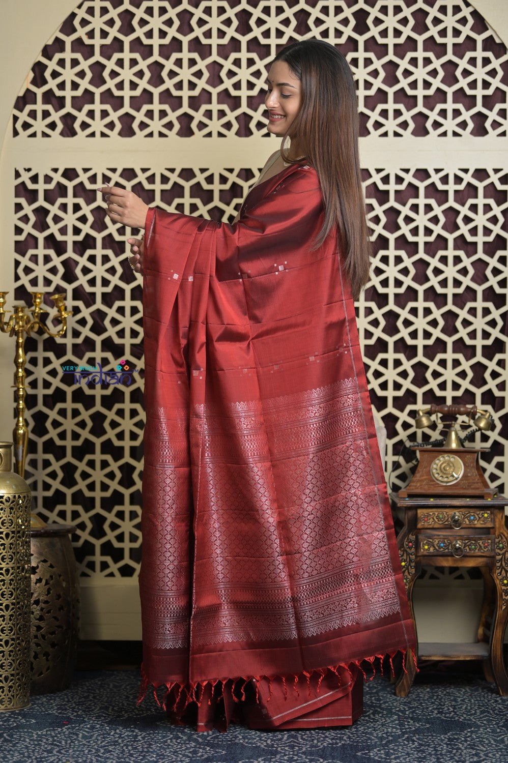 Shubh Lakshmi 2.0 ~ Handloom High Quality Pure Soft Silk Saree in Dark Red (Silk Mark Certified) - verymuchindian.com