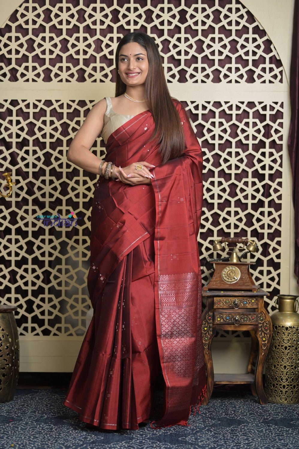 Shubh Lakshmi 2.0 ~ Handloom High Quality Pure Soft Silk Saree in Dark Red (Silk Mark Certified) - verymuchindian.com