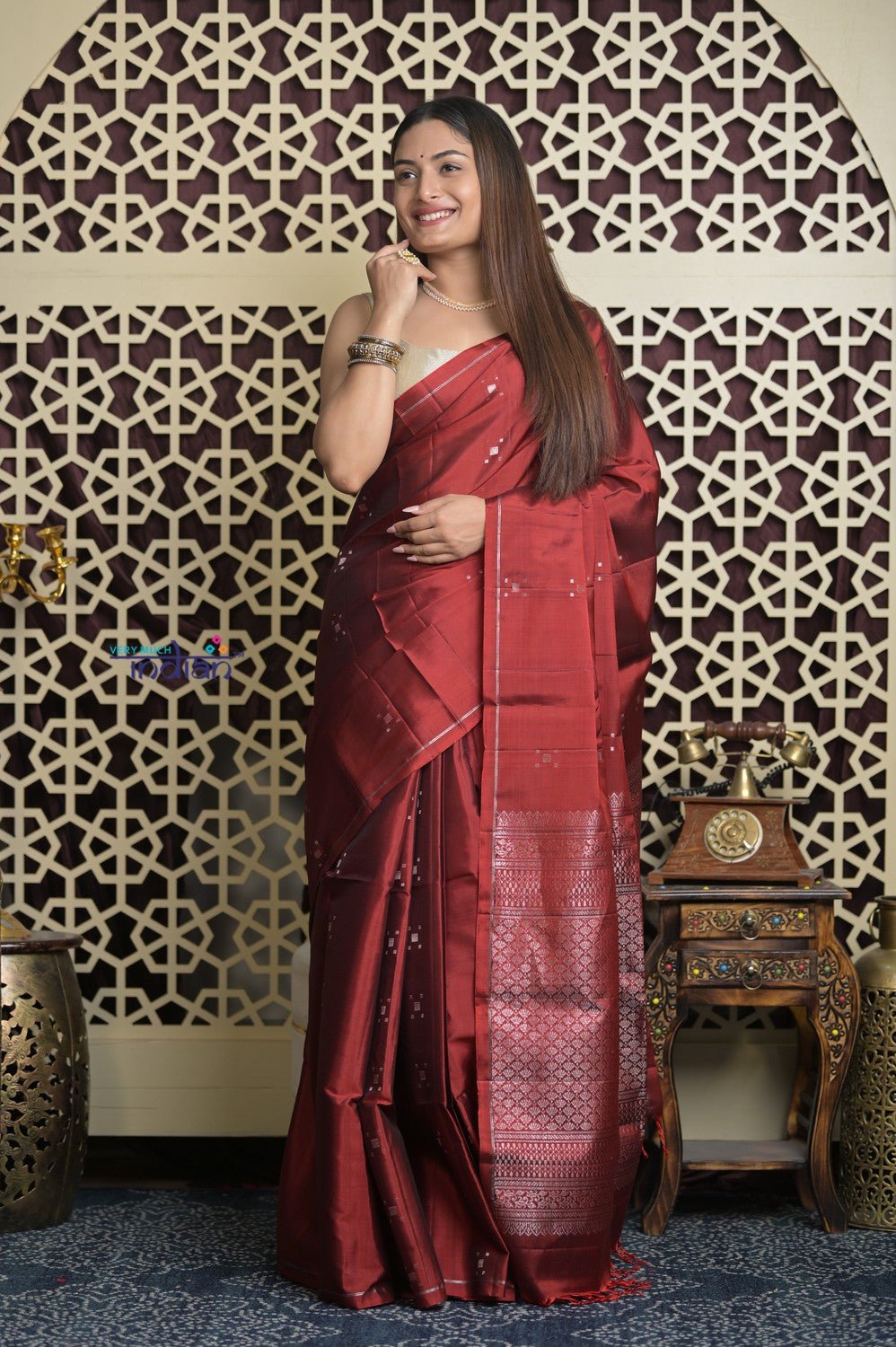 Shubh Lakshmi 2.0 ~ Handloom High Quality Pure Soft Silk Saree in Dark Red (Silk Mark Certified) - verymuchindian.com