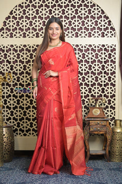 Shubh Lakshmi 2.0 ~ Handloom High Quality Pure Soft Silk Saree in Daylight Red (Silk Mark Certified) - verymuchindian.com