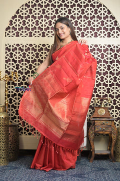 Shubh Lakshmi 2.0 ~ Handloom High Quality Pure Soft Silk Saree in Daylight Red (Silk Mark Certified) - verymuchindian.com
