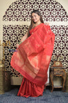 Shubh Lakshmi 2.0 ~ Handloom High Quality Pure Soft Silk Saree in Daylight Red (Silk Mark Certified) - verymuchindian.com