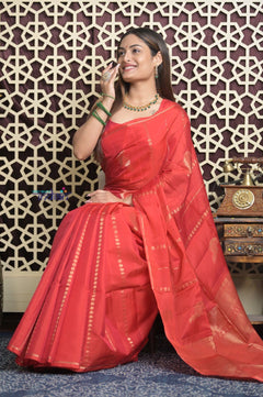 Shubh Lakshmi 2.0 ~ Handloom High Quality Pure Soft Silk Saree in Daylight Red (Silk Mark Certified) - verymuchindian.com