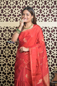 Shubh Lakshmi 2.0 ~ Handloom High Quality Pure Soft Silk Saree in Daylight Red (Silk Mark Certified) - verymuchindian.com