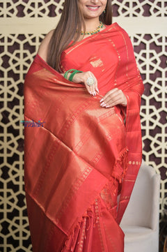 Shubh Lakshmi 2.0 ~ Handloom High Quality Pure Soft Silk Saree in Daylight Red (Silk Mark Certified) - verymuchindian.com