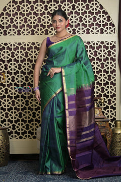 Shubh Lakshmi 2.0 ~ Handloom High Quality Pure Soft Silk Saree in Dual Tone Green and Blue (Silk Mark Certified) - verymuchindian.com