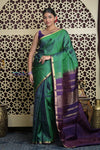Shubh Lakshmi 2.0 ~ Handloom High Quality Pure Soft Silk Saree in Dual Tone Green and Blue (Silk Mark Certified) - verymuchindian.com