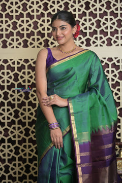 Shubh Lakshmi 2.0 ~ Handloom High Quality Pure Soft Silk Saree in Dual Tone Green and Blue (Silk Mark Certified) - verymuchindian.com