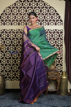 Shubh Lakshmi 2.0 ~ Handloom High Quality Pure Soft Silk Saree in Dual Tone Green and Blue (Silk Mark Certified) - verymuchindian.com