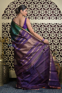 Shubh Lakshmi 2.0 ~ Handloom High Quality Pure Soft Silk Saree in Dual Tone Green and Blue (Silk Mark Certified) - verymuchindian.com