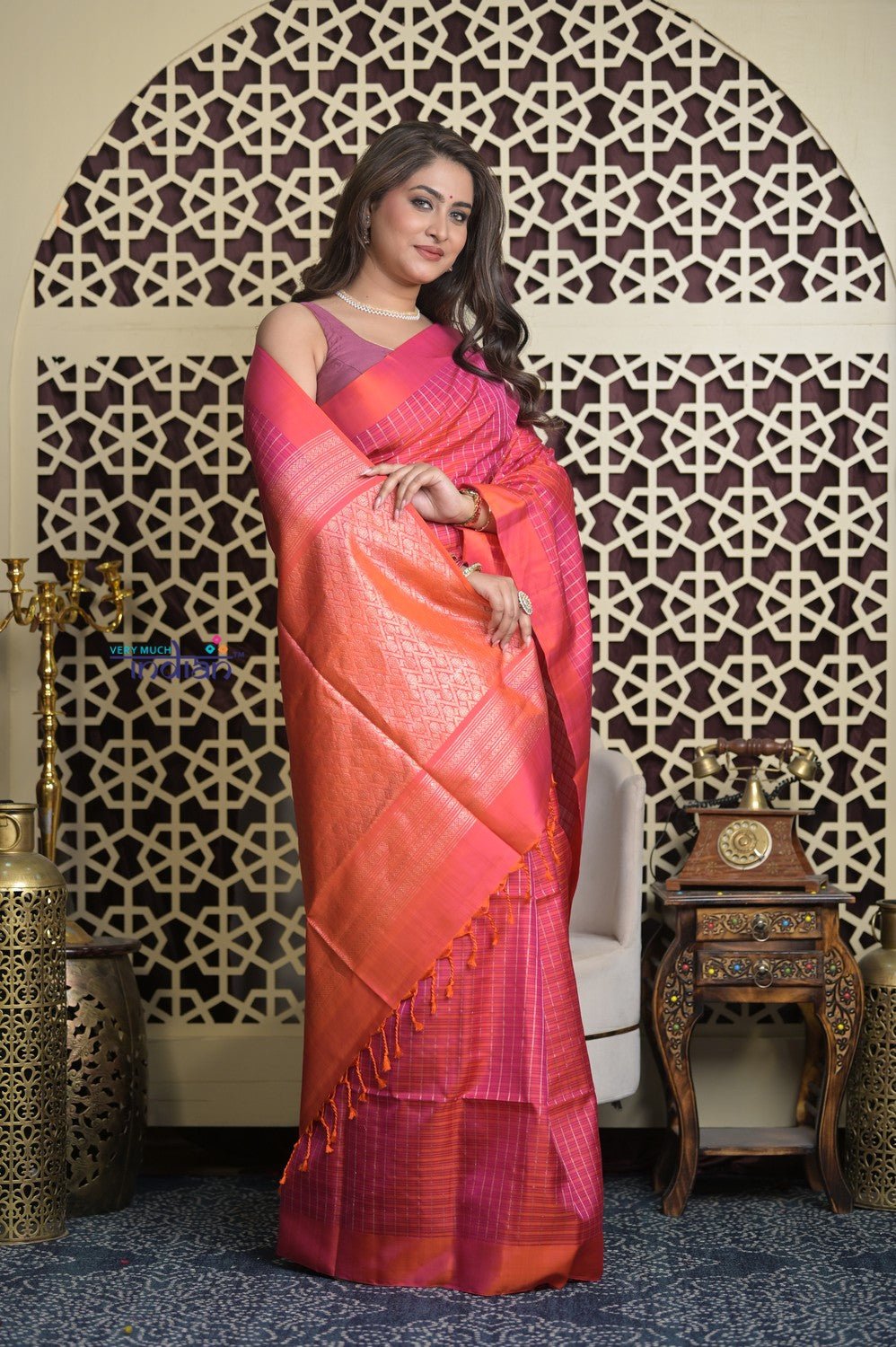 Shubh Lakshmi 2.0 ~ Handloom High Quality Pure Soft Silk Saree in Dual Tone Orange and Pink (Silk Mark Certified) - verymuchindian.com