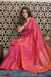 Shubh Lakshmi 2.0 ~ Handloom High Quality Pure Soft Silk Saree in Dual Tone Orange and Pink (Silk Mark Certified) - verymuchindian.com