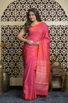 Shubh Lakshmi 2.0 ~ Handloom High Quality Pure Soft Silk Saree in Dual Tone Orange and Pink (Silk Mark Certified) - verymuchindian.com