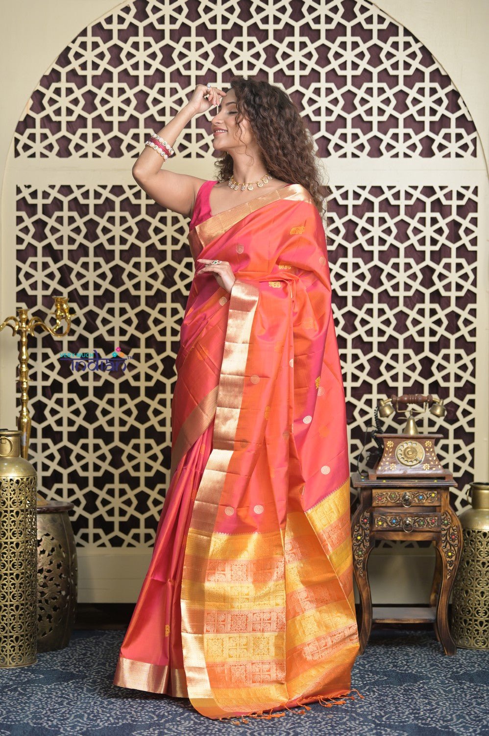 Shubh Lakshmi 2.0 ~ Handloom High Quality Pure Soft Silk Saree in Dual Tone Orange Pink (Silk Mark Certified) - verymuchindian.com
