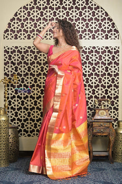 Shubh Lakshmi 2.0 ~ Handloom High Quality Pure Soft Silk Saree in Dual Tone Orange Pink (Silk Mark Certified) - verymuchindian.com