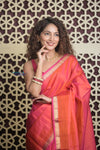 Shubh Lakshmi 2.0 ~ Handloom High Quality Pure Soft Silk Saree in Dual Tone Orange Pink (Silk Mark Certified) - verymuchindian.com