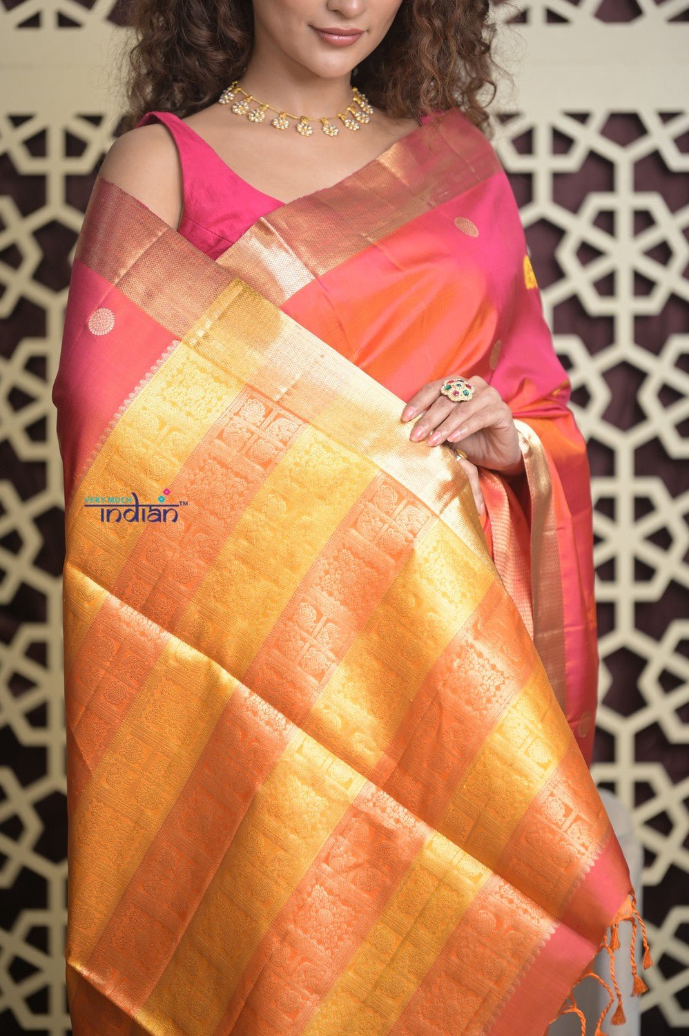 Shubh Lakshmi 2.0 ~ Handloom High Quality Pure Soft Silk Saree in Dual Tone Orange Pink (Silk Mark Certified) - verymuchindian.com