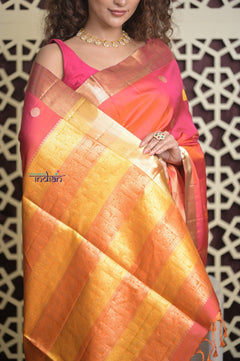 Shubh Lakshmi 2.0 ~ Handloom High Quality Pure Soft Silk Saree in Dual Tone Orange Pink (Silk Mark Certified) - verymuchindian.com