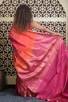 Shubh Lakshmi 2.0 ~ Handloom High Quality Pure Soft Silk Saree in Dual Tone Orange Pink (Silk Mark Certified) - verymuchindian.com