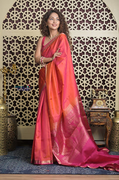 Shubh Lakshmi 2.0 ~ Handloom High Quality Pure Soft Silk Saree in Dual Tone Orange Pink (Silk Mark Certified) - verymuchindian.com
