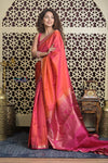 Shubh Lakshmi 2.0 ~ Handloom High Quality Pure Soft Silk Saree in Dual Tone Orange Pink (Silk Mark Certified) - verymuchindian.com