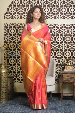 Shubh Lakshmi 2.0 ~ Handloom High Quality Pure Soft Silk Saree in Dual Tone Orange Pink (Silk Mark Certified) - verymuchindian.com